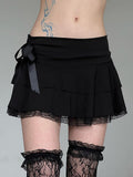 IFOMT Spring Outfits Goth Y2K Black Lace Trim Bow A Line Mini Skirt Women Korean Streetwear