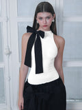 IFOMT Outfit Fashion Slim Fit Bodysuits Sleeveless Half High Neck One Line Shoulder Bow Pullover Sexy Versatile Bodysuit For Women