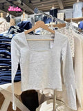 Ifomt Light Gray Long Sleeve Crop Top Y2K Harajuku Square Collar Slim Sexy Long Sleeve T-shirts New Autumn Tight Female Tees 2025
