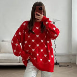 IFOMT Heart Printed Knitted Sweater For Women Mid Length Knitted O-Neck Pullover Sweater Loose Long Sleeve Autumn Winter New