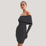 IFOMT Beach Vacation Strapless Striped Long Sleeve Knitwear Dresses One-Shoulder Female Slim Fit Casual Short Dresses Summer