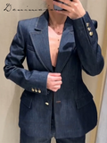 Ifomt Elegant Solid Denim Women Trouser Suits Lapel Pocket Jacket Strapless Tanks Straight Pants 2025 Spring New Fashion Female Sets