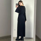 IFOMT Autumn Lace Up Maxi Dress Women's Fashion Slim O Neck Long Sleeve A Line Hem Dress Casual Loose Commuting Elegant Dress