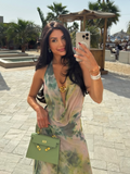 Ifomt Vintage Green Tie Dye Printing Halter Long Dresses Fashion Open Back Sleeveless Slim Fit Mesh Vestidos Summer Beach Holiday Wear
