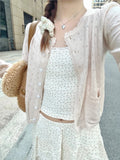 Ifomt Beige Hollow Long Sleeve Knitted Cardigan Top For Women Autumn Spring Sweet Thin Sweater Wave Trim Pocket O Neck Chic Jackets