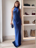 Ifomt Women's Sexy Satin Long Robes Round Neck Halter Lace Up Fashion Vestidos Summer Lady Sleeveless Open Back Maxi Gowns Party Dress