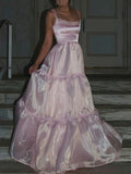 Ifomt OEING Ethereal A-Line Pink Evening Dresses Spaghetti Strap Tiered Sleeveless Party Gowns Floor Length Prom Dresses Customized
