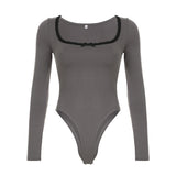 IFOMT Spring Outfits Autumn Hotsweets Slim Long Sleeve Bodysuit Women Simple Lace Trim Square Collar Bow Rompers Trendy Clothing