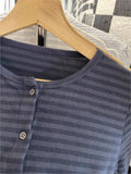 Ifomt Vintage Navy Striped Slim T-shirt Women O-neck Single Breasted Cotton Long Sleeve Tee Shirts American Sweet All-match Y2K Tops