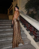 Ifomt Sexy Leopard Printed Halter V-neck Women's Long Dress Fashion Backless Sleeveless Evening Gowns Summer New Fashion Party Dresses