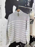 Ifomt Grey Striped Semi High Neck Zipper Long Sleeved Knitted Sweater For Women Loose Casual Fall Winter Pullovers Top Y2K Street New