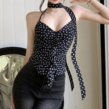 IFOMT Summer Camisole Slim Vest Sexy Women Sleeveless Perspective V-Neck Ribbon Tank Top Female Solid Black Polka Dots Crop Tops Y2k