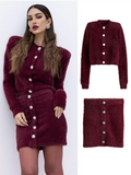 IFOMT Party Otufit Burgundy Plush Cardigans Half Skirt Set Women O Neck Single Breasted Short Coat High Waist Wrap Hip Mini Skirts New Lady Outfits