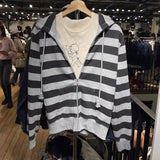 Ifomt Vintage Stripe Pockets Hoodies Women Autumn New Warm Drawstring Long Sleeve Cardigan Top Casual Streetwear Y2K Sweatshirt Female