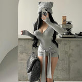 IFOMT Outfit Round Neck Long-Sleeved Slim Straps Waist Solid Color Playsuits Autumn And Winter New Sexy Figure Sports Style