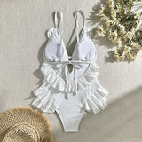 IFOMT Summer New White Body Suit One Piece Swimsuit Bikini For Women Sexy Deep V-Neck Backless Lace Patchwork Bodycon Outfits