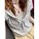 Ifomt American Retro Gray Fried Dough Twists Hooded Sweater Spring Autumn Short Sleeve Knit T-shirts V-neck Loose Y2K Streetwear Top