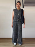 IFOMT Party Otufit Knitted Women 2 Piece Set Elegant O-Neck Sleeveless Button Vest Top High Waist Wide Leg Trousers Spring Summer Fashion Lady Suit