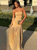 Ifomt Elegant Pleat Off Shoulder Women's Dresses Summer Patchwork Sleeveless Backless Maxi Vestidos Evening Party Dresses Woman 2025