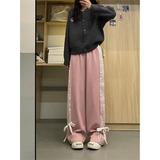 Ifomt Women's Pink Bow Apricot Sweatpants Y2k Retro 2000s High Waist Baggy Jogger Trousers Harajuku Streetwear Wide Pants Clothes 2024