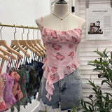 IFOMT 2024 New Ladies Hot Girl Tube Top Irregular Camisole Slim Fit Printed Mesh Sleeveless Top Ruffled Vest Party Leisure Essential
