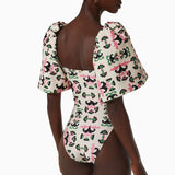 IFOMT Print Twisted Flower Puff Sleeve Swimsuit Fashion High Waist One Piece Bikini Retro Square Neck Slim Swimwear Sexy Backless