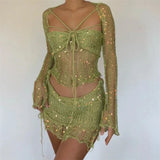 IFOMT 2024 Summer Women's Beaded Knitted 4-Piece Set Women's 2000 Sexy Sequined Knitted Party Dress 3-Piece Set