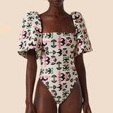 IFOMT Print Twisted Flower Puff Sleeve Swimsuit Fashion High Waist One Piece Bikini Retro Square Neck Slim Swimwear Sexy Backless