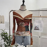 IFOMT Women's 2024 Retro Oil Painting Print Top Lapel One Shoulder Twist Pleated Slim Fit Short Flared Long Sleeve Top Butterfly Top