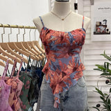 IFOMT 2024 New Ladies Hot Girl Tube Top Irregular Camisole Slim Fit Printed Mesh Sleeveless Top Ruffled Vest Party Leisure Essential