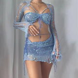 IFOMT 2024 Summer Women's Beaded Knitted 4-Piece Set Women's 2000 Sexy Sequined Knitted Party Dress 3-Piece Set