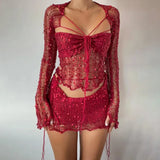 IFOMT 2024 Summer Women's Beaded Knitted 4-Piece Set Women's 2000 Sexy Sequined Knitted Party Dress 3-Piece Set