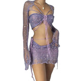 IFOMT 2024 Summer Women's Beaded Knitted 4-Piece Set Women's 2000 Sexy Sequined Knitted Party Dress 3-Piece Set