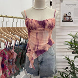 IFOMT 2024 New Ladies Hot Girl Tube Top Irregular Camisole Slim Fit Printed Mesh Sleeveless Top Ruffled Vest Party Leisure Essential