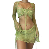 IFOMT 2024 Summer Women's Beaded Knitted 4-Piece Set Women's 2000 Sexy Sequined Knitted Party Dress 3-Piece Set