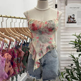 IFOMT 2024 New Ladies Hot Girl Tube Top Irregular Camisole Slim Fit Printed Mesh Sleeveless Top Ruffled Vest Party Leisure Essential