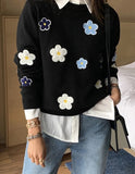 IFOMT Floral Embroidery Round Neck Knitted Pullover