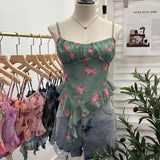 IFOMT 2024 New Ladies Hot Girl Tube Top Irregular Camisole Slim Fit Printed Mesh Sleeveless Top Ruffled Vest Party Leisure Essential