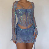 IFOMT 2024 Summer Women's Beaded Knitted 4-Piece Set Women's 2000 Sexy Sequined Knitted Party Dress 3-Piece Set