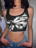 IFOMT Y2K Tank Top Dragonfly Print Ribbed Cropped Tank Top