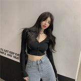 IFOMT Extra Long Sleeves Buttoned Crop Top