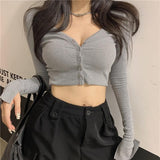 IFOMT Extra Long Sleeves Buttoned Crop Top