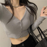 IFOMT Extra Long Sleeves Buttoned Crop Top