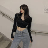 IFOMT Extra Long Sleeves Buttoned Crop Top