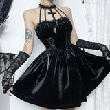 IFOMT Gothic Velvet Criss-Cross Halter Dress Vintage Draped Lace Sleeveless Bodycon Backless A-Line Cocktail Party Dress