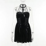 IFOMT Gothic Velvet Criss-Cross Halter Dress Vintage Draped Lace Sleeveless Bodycon Backless A-Line Cocktail Party Dress