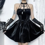 IFOMT Gothic Velvet Criss-Cross Halter Dress Vintage Draped Lace Sleeveless Bodycon Backless A-Line Cocktail Party Dress