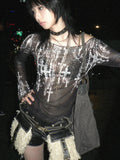IFOMT Grunge Cross Wide Neck Mesh Top