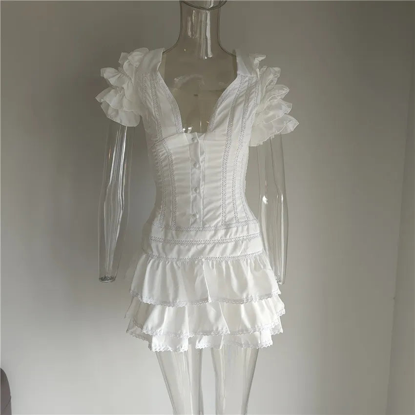 Ifomt High Quality 2023 Ruffle White Women Mini Dress Beach Holiday Girl Dress