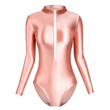 IFOMT Satin Shiny Japanese Women's Sexy Body Suits Front Zipper Long Sleeve Tight Glossy Silky High Cut One Piece Swimsuit Plus Size